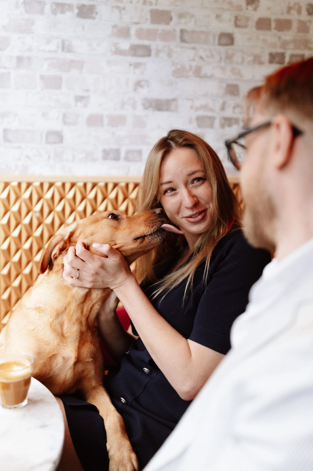 A happy dog (Sandy) in the café